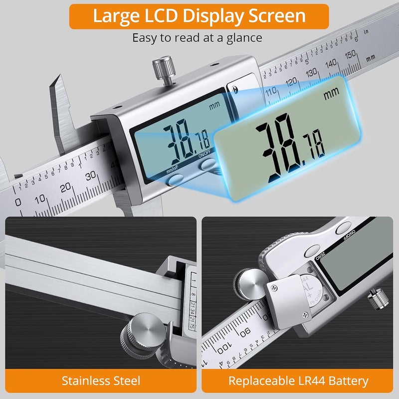 Neoteck 6 inch/150mm Digital Caliper Vernier Caliper Stainless Steel LCD Display Digital Caliper Measuring Tool with Fraction/Inch/MM Conversion Used for Inside,Outside Diameter,Depth,Step Measurement - Image 5